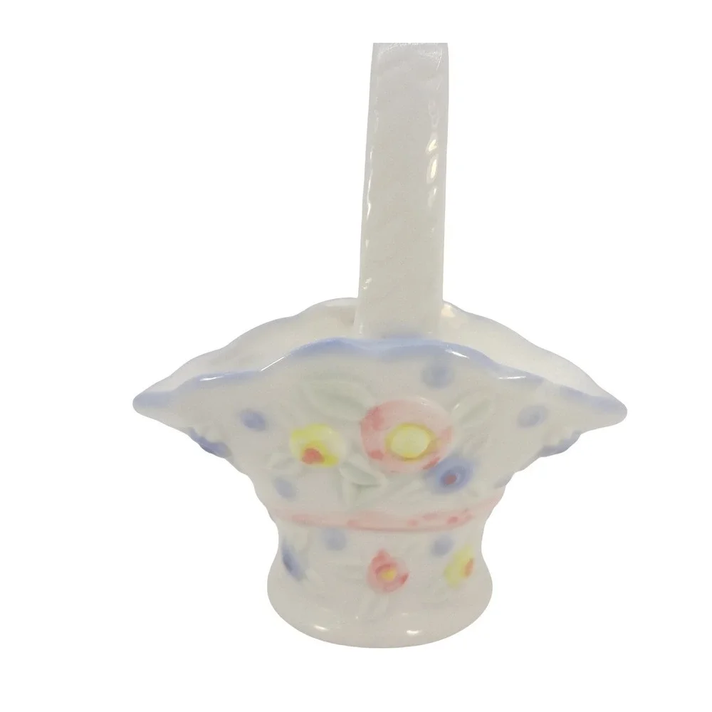 Vintage Miniature‎ Ceramic Floral Basket Hand Painted White Blue Porcelain Decor